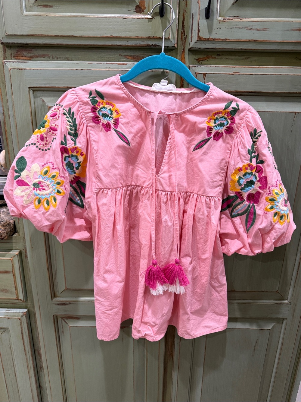 THML Pink Embroidered Puff-Sleeve Blouse with Tassels